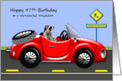 97th Birthday to Neighbor, age humor, raccoon driving red classic car card
