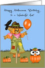 Birthday On Halloween to Aunt, Owl in pumpkin patch with a scarecrow card