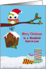 Christmas to Aunt-in-Law, Cute owl sitting on a tree limb, holly, snow card
