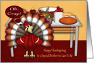Thanksgiving to Brother-in-Law To Be, Cute turkey with table, pies card