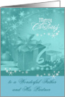 Christmas to Father and Partner, Presents, Bows, Ornaments on blue card
