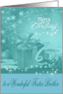 Christmas to Foster Brother, Presents, Bows, Ornaments on blue card