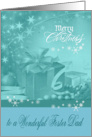 Christmas to Foster Dad, Presents, Bows, Ornaments, snowflakes, blue card