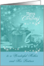 Christmas to Mother and Partner, Presents, Bows, Ornaments on blue card
