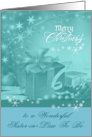 Christmas to Sister-in-Law To Be, Presents, Bows, Ornaments on blue card