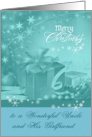 Christmas to Uncle and Girlfriend, Presents, Bows, Ornaments on blue card