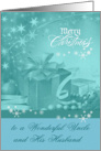 Christmas to Uncle and Husband, Presents, Bows, Ornaments on blue card