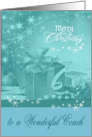 Christmas to Coach, Presents, Bows, Ornaments with snowflakes, blue card