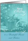 Christmas to Friend and Partner, Presents, Bows, Ornaments, snowflakes card