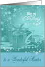Christmas to Mentor, Presents, Bows, Ornaments with snowflakes, blue card