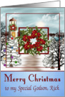Christmas to Godson, Rick, snowy lighthouse scene on blue with wreath card