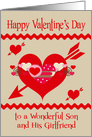 Valentine’s Day to Son and Girlfriend with Colorful Hearts and Zigzags card