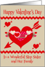 Valentine’s Day To Step Sister and Family, red, white and pink hearts card