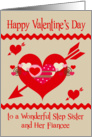 Valentine’s Day To Step Sister and Fiancee, red, white and pink hearts card