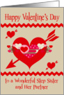 Valentine’s Day To Step Sister and Partner, red, white and pink hearts card