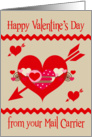 Valentine’s Day from Mail Carrier, red, white and pink hearts, arrows card