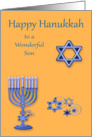 Hanukkah to Son, a menorah with a Star Of David on gold card