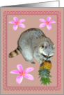 All Occasion Blank Note Card, Raccoon with pineapple and Hawaiian flower card