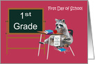 First Day Of School in 1st Grade with a Raccoon in a School Desk card
