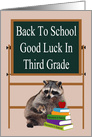 Back To School in Third Grade with a Raccoon with Books and an Apple card