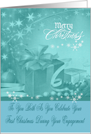 First Christmas for Engaged Couple, presents and bows on a pale blue card