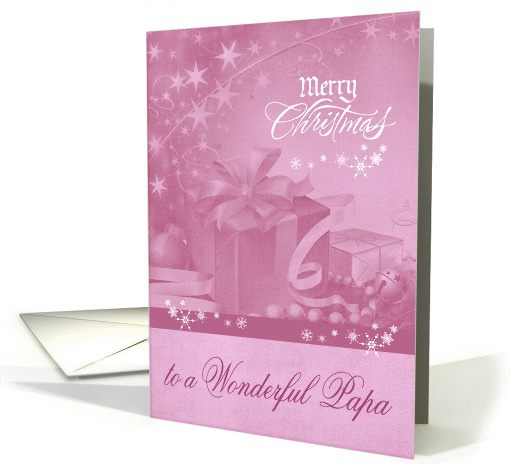 Christmas to Papa, bows, presents and snowflakes on a pale pink card