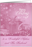 Christmas to Nephew and Husband, presents with swirls of snowflakes card