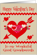 Valentine’s Day to Great Grandparents, red, white, pink hearts, arrows card