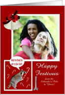 Festivus Custom Name Photo Card with Raccoon Breaking Candy Cane card