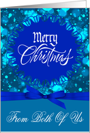 Christmas from Both Of Us, snowflakes, stars, ornaments, bells on blue card