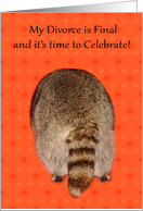 Invitations, Divorce Is Final Party, Raccoons butt and tail on orange card