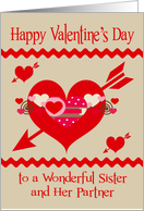 Valentine’s Day To Sister and Partner, red, white, pink hearts, arrows card