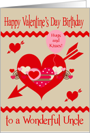 Birthday on Valentine’s Day to Uncle, red, white, pink hearts, arrows card