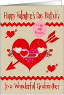 Birthday on Valentine’s Day to Godmother, red, white, pink hearts card