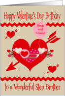 Birthday on Valentine’s Day to Step Brother, red, white, pink hearts card