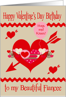 Birthday on Valentine’s Day to Fiancee, red, white and pink hearts card