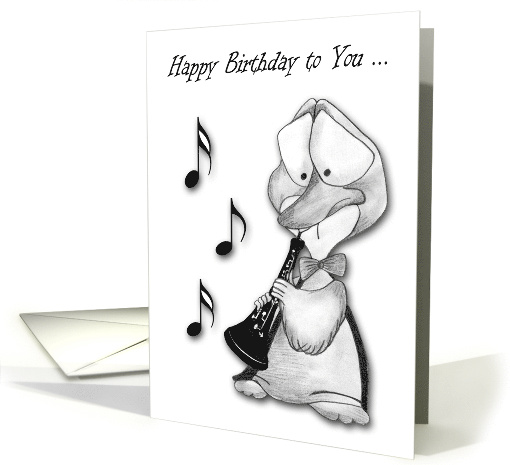 Birthday with a Duck Playing the Oboe and Musical Notes on White card