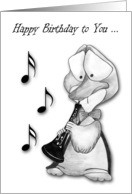Birthday with a Duck Playing the Oboe and Musical Notes on White card