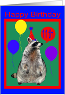 11th Birthday, Raccoon with party hat and balloons on green, red, blue card