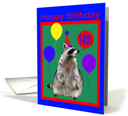 14th Birthday, Raccoon with party hat and balloons on... (1023151)