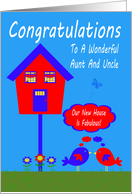 Congratulations, New Home To Aunt And Uncle, bird house on blue card