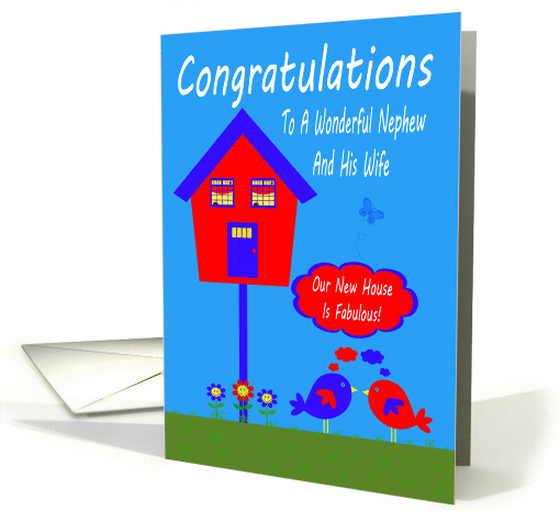 Congratulations, New Home, Nephew And Wife, bird house on blue card