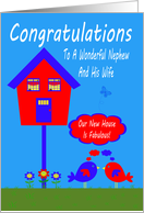 Congratulations, New Home, Nephew And Wife, bird house on blue card