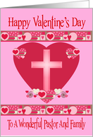 Valentine’s Day to Pastor and Family, shaded cross on red heart, pink card
