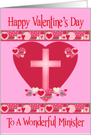 Valentine’s Day to Minister, shaded cross on red heart, pink hearts card