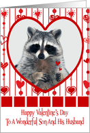 Valentine’s Day To Son And Husband, Raccoon in red heart, white card