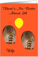 Birthday to Wife, Age Humor, Two raccoon butts on orange, balloon card