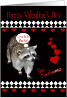 Valentine’s Day, general, Raccoon with red hearts on black, diamonds card