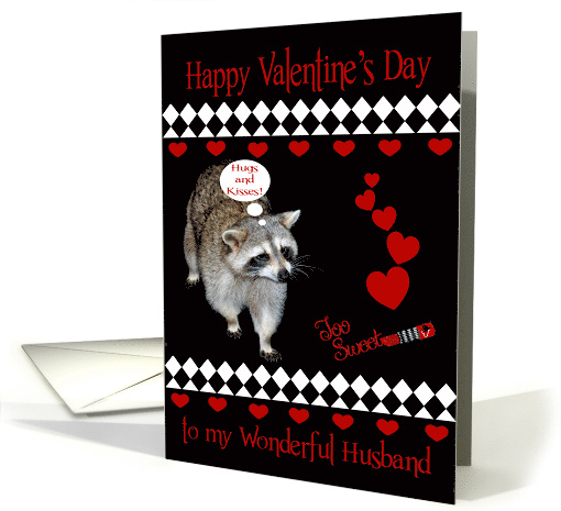 Valentine's Day to Husband, Raccoon, red hearts on black,... (1036843)