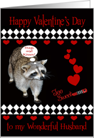 Valentine’s Day to Husband, Raccoon, red hearts on black, diamonds card